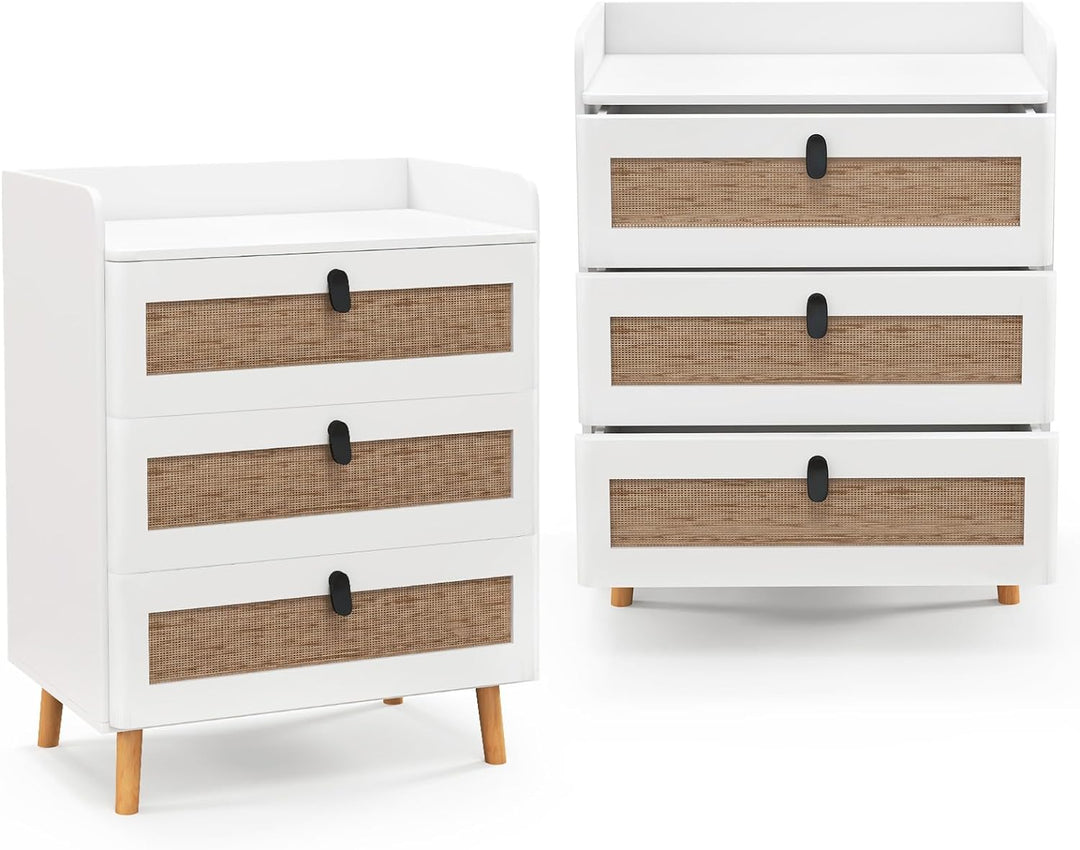 Giantex Rattan Nightstand, Boho 2/3-Drawer Dresser with 4 Solid Wood Legs