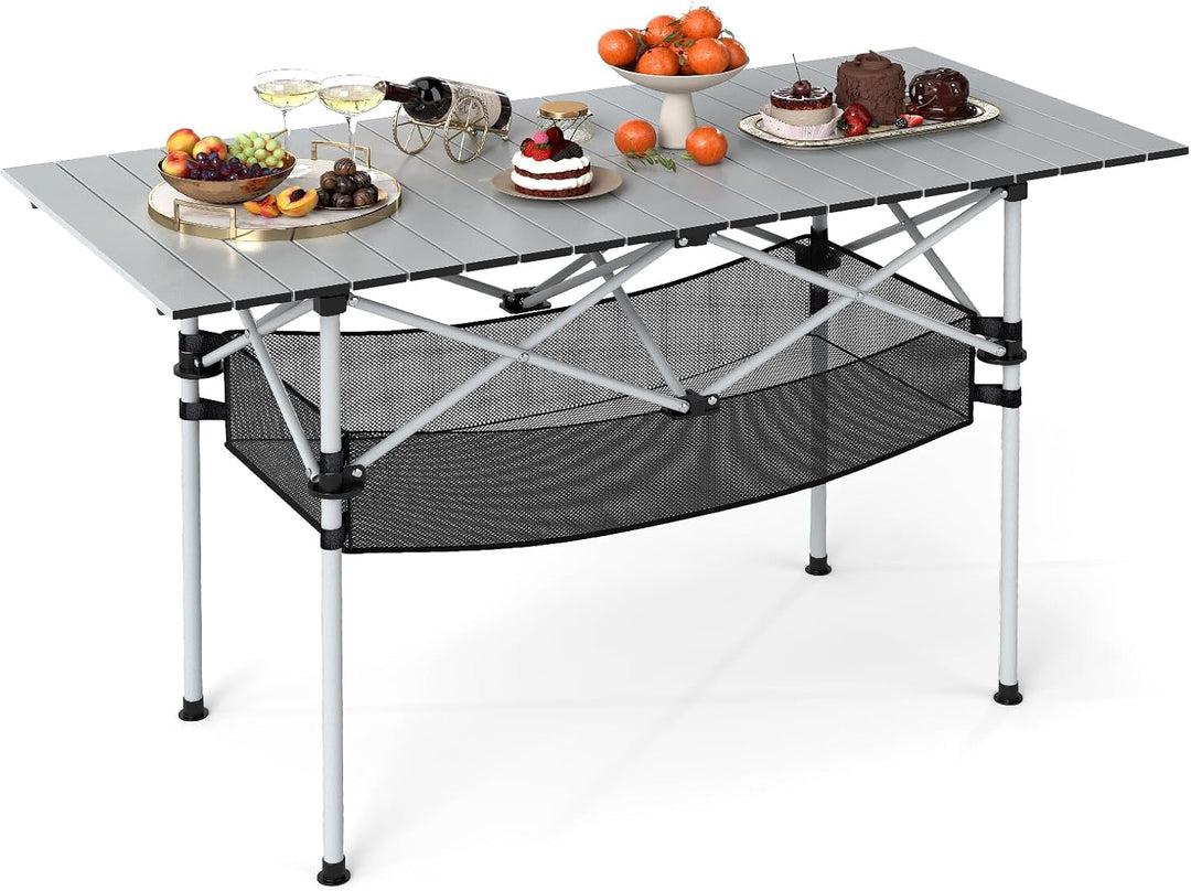 Giantex Folding Camping Table Portable Picnic Table w/Aluminum Roll-up Tabletop &amp; Mesh Basket