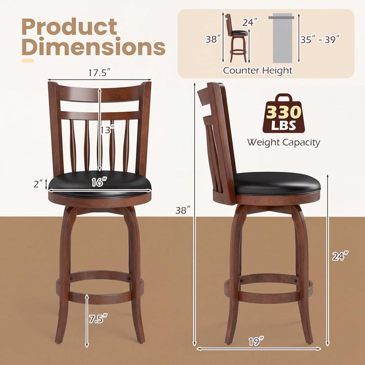 GIANTEX Swivel Bar Stools Set of 2, 24 Inch Counter Height Barstools | 360° Rotating Bar Chairs w/Footrest