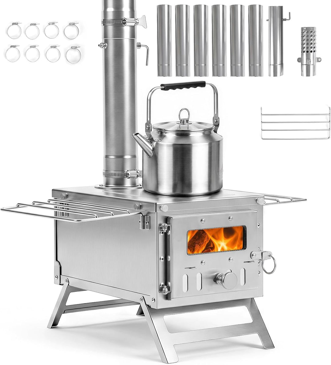 GIANTEX Hot Tent Stove, Portable Wood Burning Stove with 7 Chimney Pipes | 7.2 ft Stainless Steel Camping Wood Stove w/ Spark Arrestor
