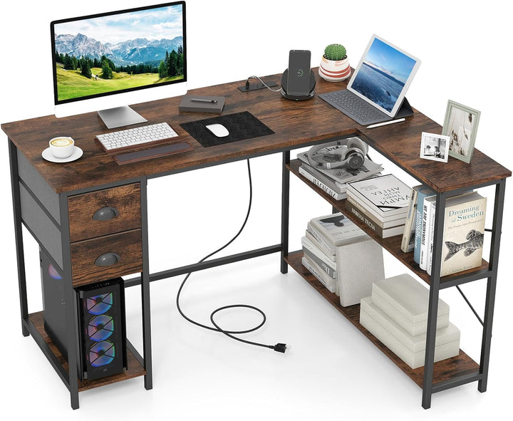 Giantex 48" L Shaped Desk with Charging Station &amp; 2 Fabric Drawers