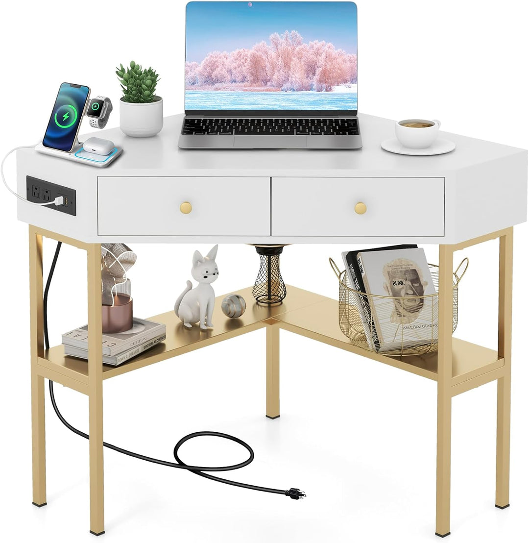 Giantex Corner Desk with Charging Station, 90 Degree Triangle Computer Desk with 2 Drawers &amp; Storage Shelf