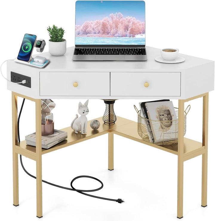 Giantex Corner Desk with Charging Station, 90 Degree Triangle Computer Desk with 2 Drawers &amp; Storage Shelf