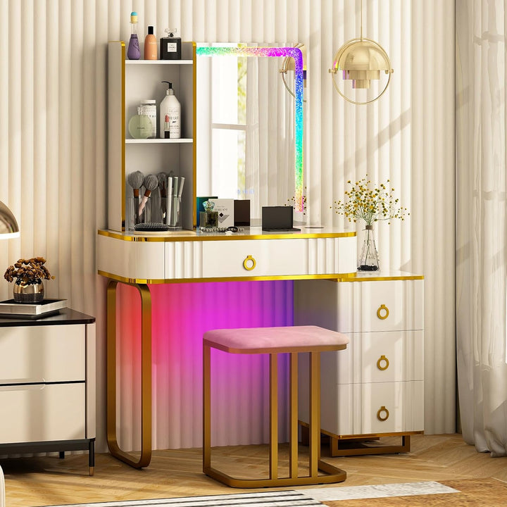 CHARMAID RBG LED Makeup Vanity Table, Colorful Lighted Mirror, 7 Dynamic &amp; 7 Static Modes, 3-Drawer Chest