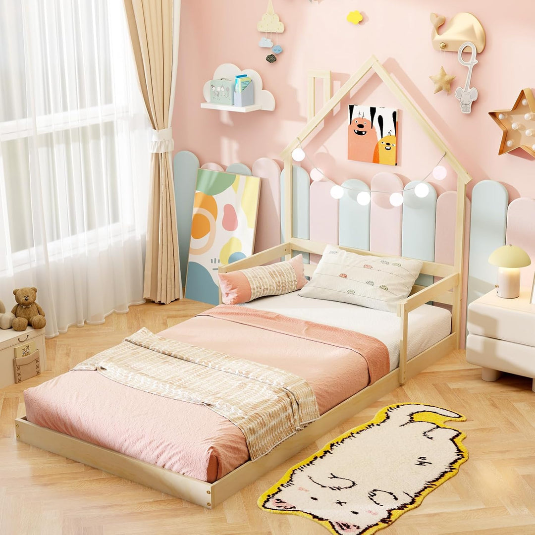 Giantex Twin Floor Bed for Kids, Wood Montessori Floor Bed with Chimney Headboard &amp; Handrail