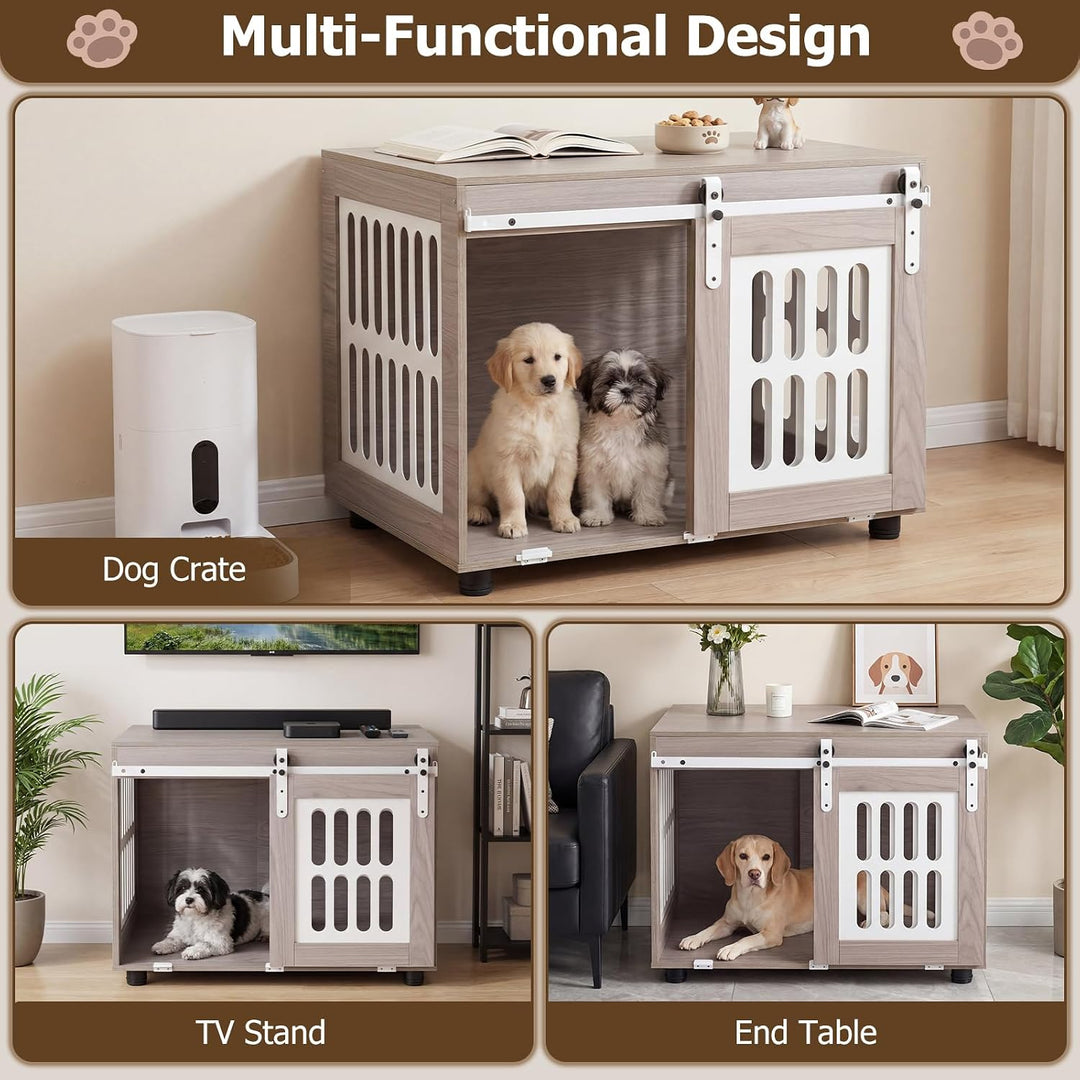 GIANTEX 31.5" Dog Crate Furniture with Barn Door for Small Medium Dogs | Farmhouse Wooden Dog Kennel