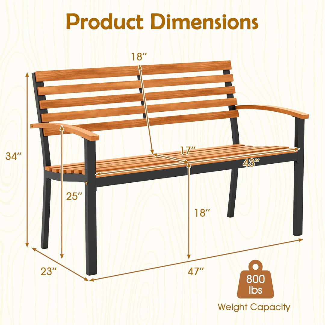 Outdoor Bench, Acacia Wood Patio Loveseat with Slatted Backrest &amp; Seat, Armrests