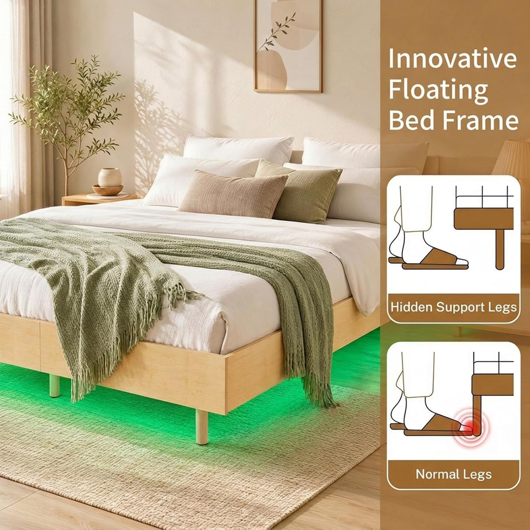GIANTEX Wood Floating Bed Frame Queen Size with Smart LED Light, Natural | Modern Platform Bed w/Heavy Duty Mattress Foundation