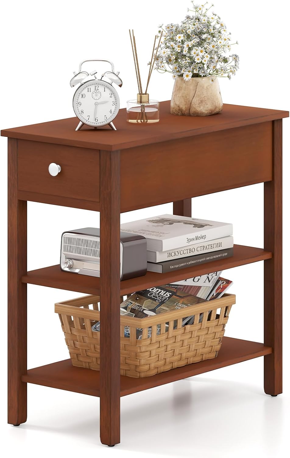 Ginatex Narrow Side Table Small End Tables with Drawer &amp; Open Storage Shelves