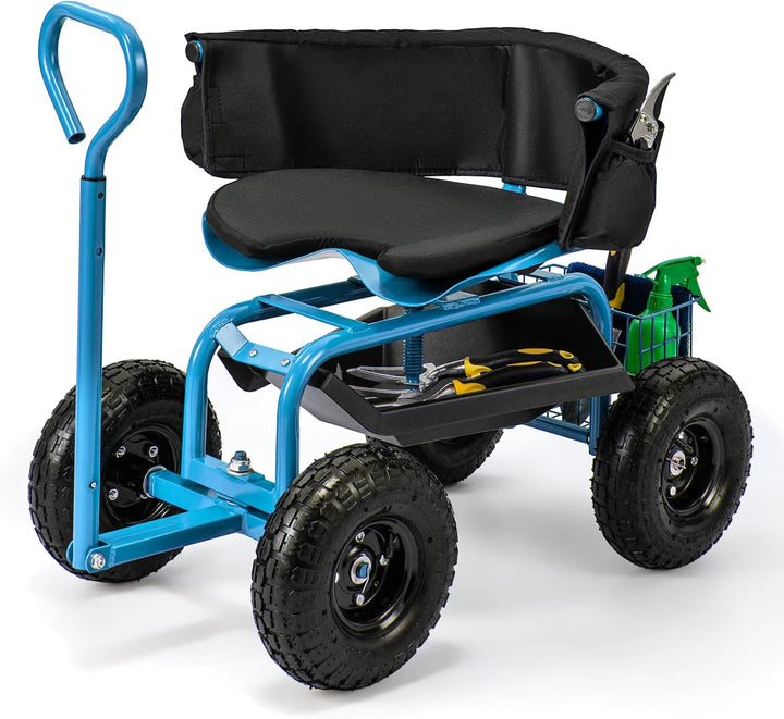 Giantex Cushioned Rolling Garden Cart Scooter with Storage Basket and Tool Pouch