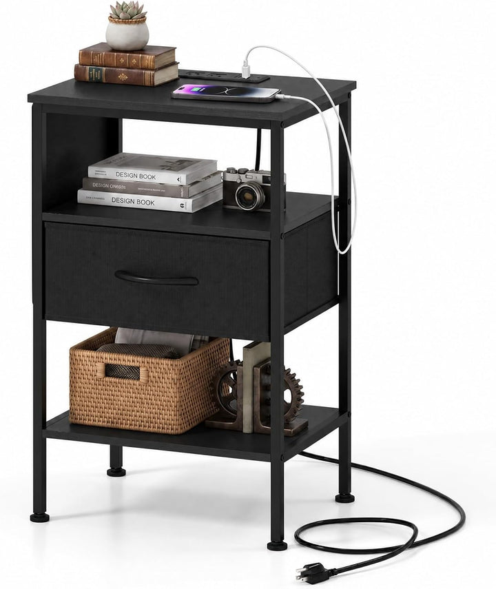 GIANTEX 24.5" Nightstand with Charging Station &amp; 1 Fabric Drawer (1/2)