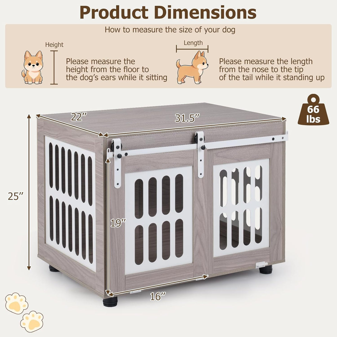 GIANTEX 31.5" Dog Crate Furniture with Barn Door for Small Medium Dogs | Farmhouse Wooden Dog Kennel