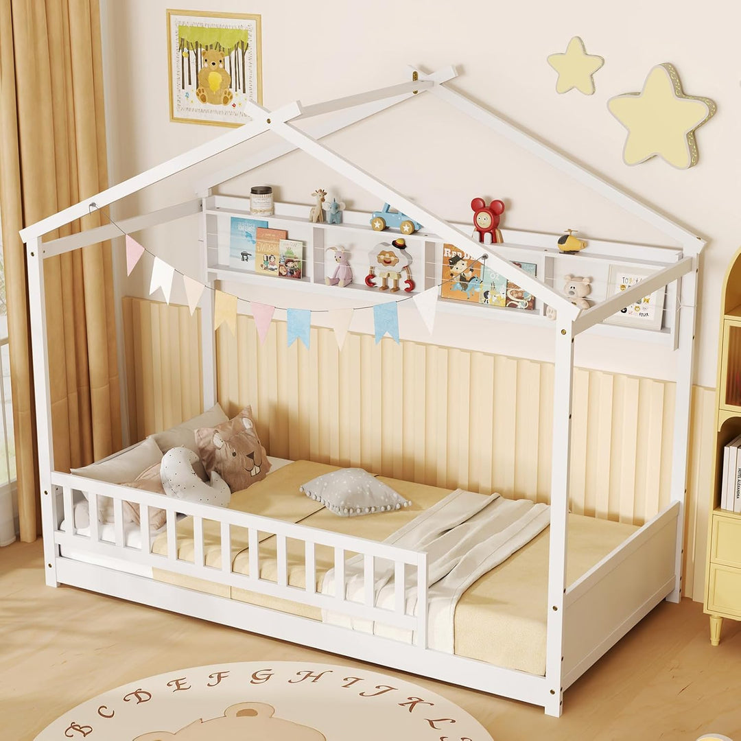 Giantex Twin Floor House Bed with Storage Shelf, Wood Twin Bed Frames with Headboard &amp; Guardrail