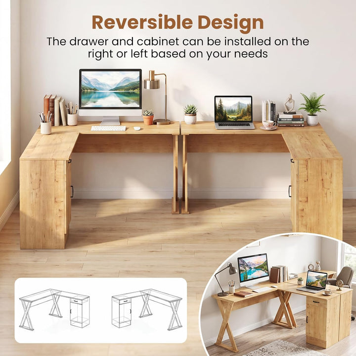GIANTEX L-Shaped Computer Desk with Reversible Drawer &amp; Cabinet | Home Office Desk with X-shaped Structure