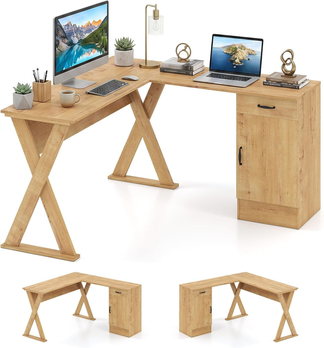 GIANTEX L-Shaped Computer Desk with Reversible Drawer &amp; Cabinet | Home Office Desk with X-shaped Structure