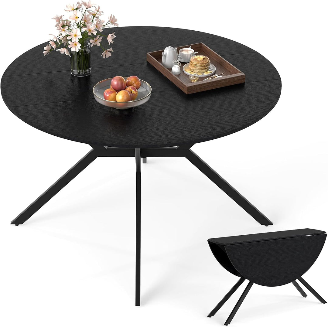Giantex Folding Dining Table for 4-6 People 47" Round Drop Leaf Table with Metal Frame