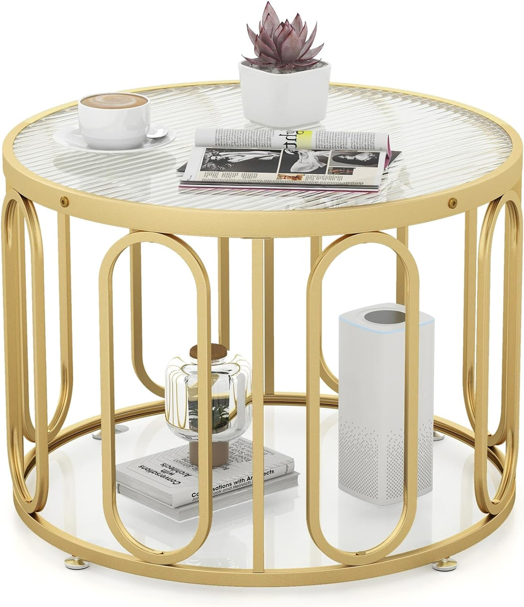 Giantex Small Round Glass Coffee Table, 24" Accent Side Sofa Tea Table with Tempered Glass Top &amp; Oval Swivel Brackets