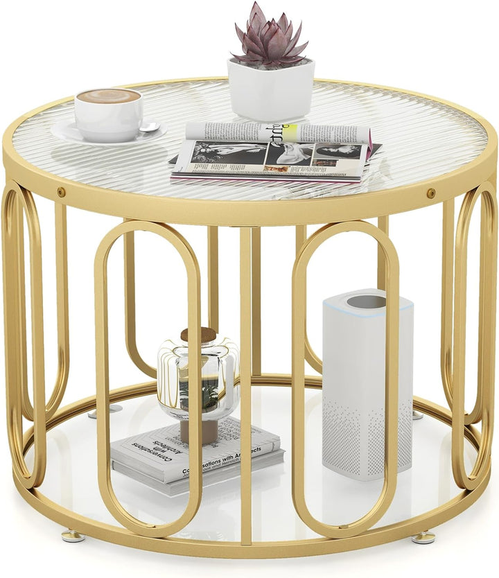 Giantex Small Round Glass Coffee Table, 24" Accent Side Sofa Tea Table with Tempered Glass Top &amp; Oval Swivel Brackets