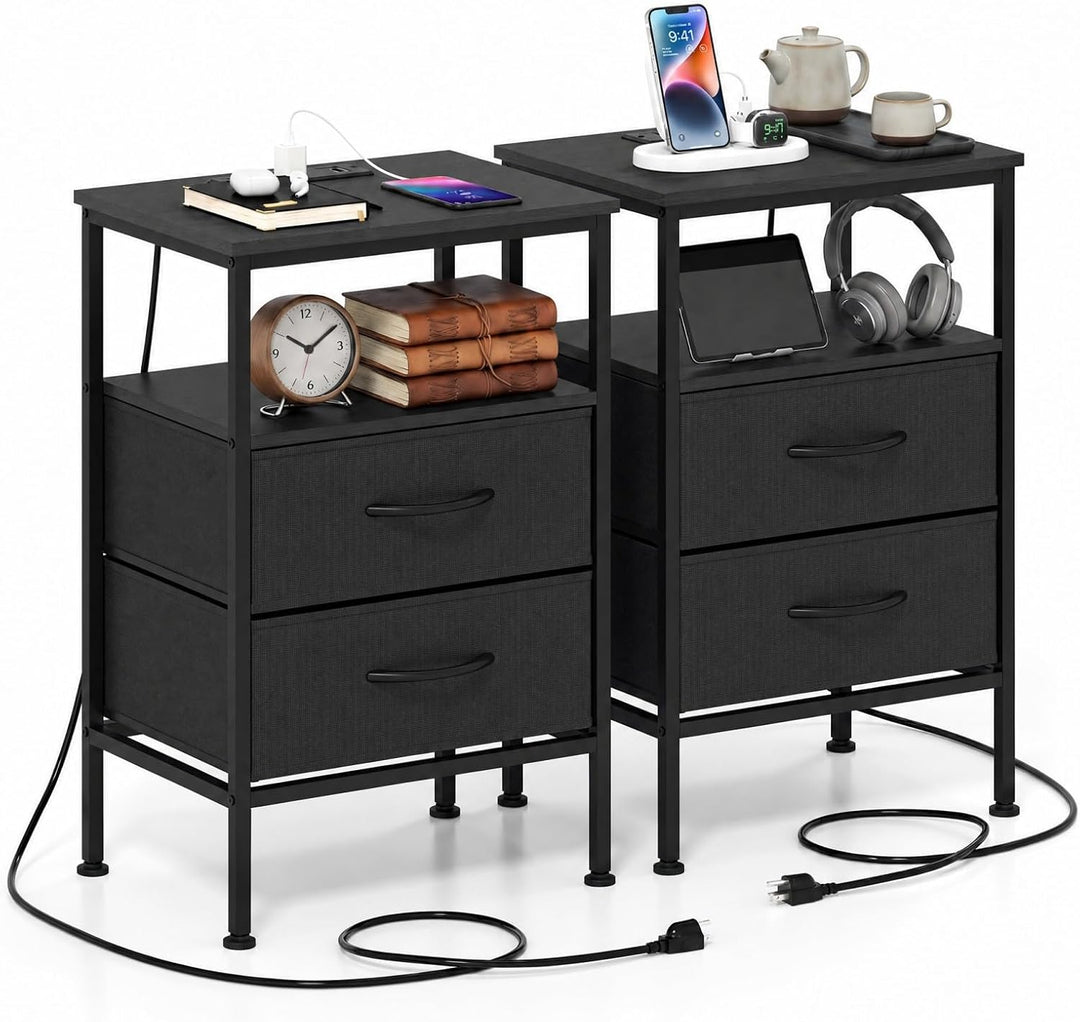 GIANTEX 24.5" Nightstand with Charging Station &amp; 2 Fabric Drawer (1/2)
