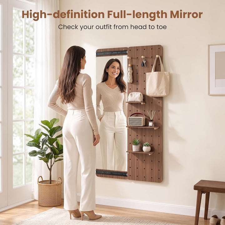 CHARMAID 55" Full Length Wall Mirror with Sliding Pegboard | Wall Mounted Entryway Mirror