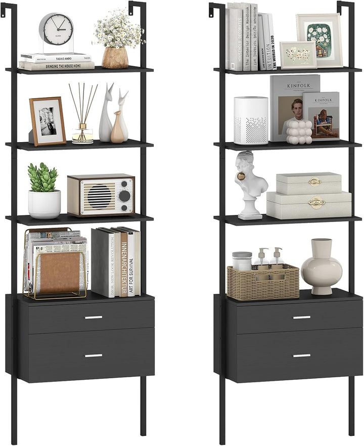 Giantex 6-Tier Ladder Bookcase with 2 Drawers 72.5" Tall Wall-Mounted Bookshelf with Metal Frame