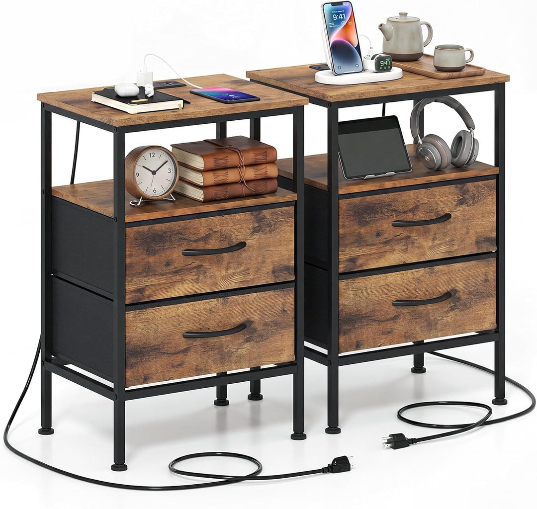 GIANTEX 24.5" Nightstand with Charging Station &amp; 2 Fabric Drawer (1/2)