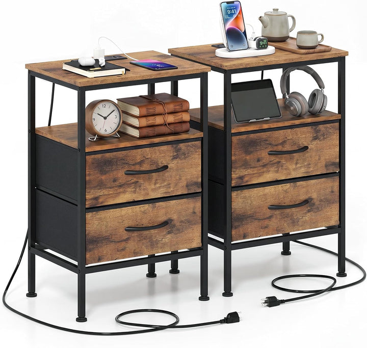 GIANTEX 24.5" Nightstand with Charging Station &amp; 2 Fabric Drawer (1/2)