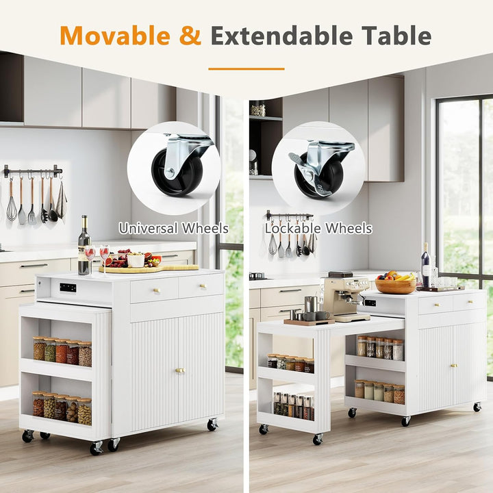 GIANTEX 72”-44.5” Extendable Kitchen Island with Storage, Power Outlet | Rolling Kitchen Island Table on Wheels w/Fluted Doors
