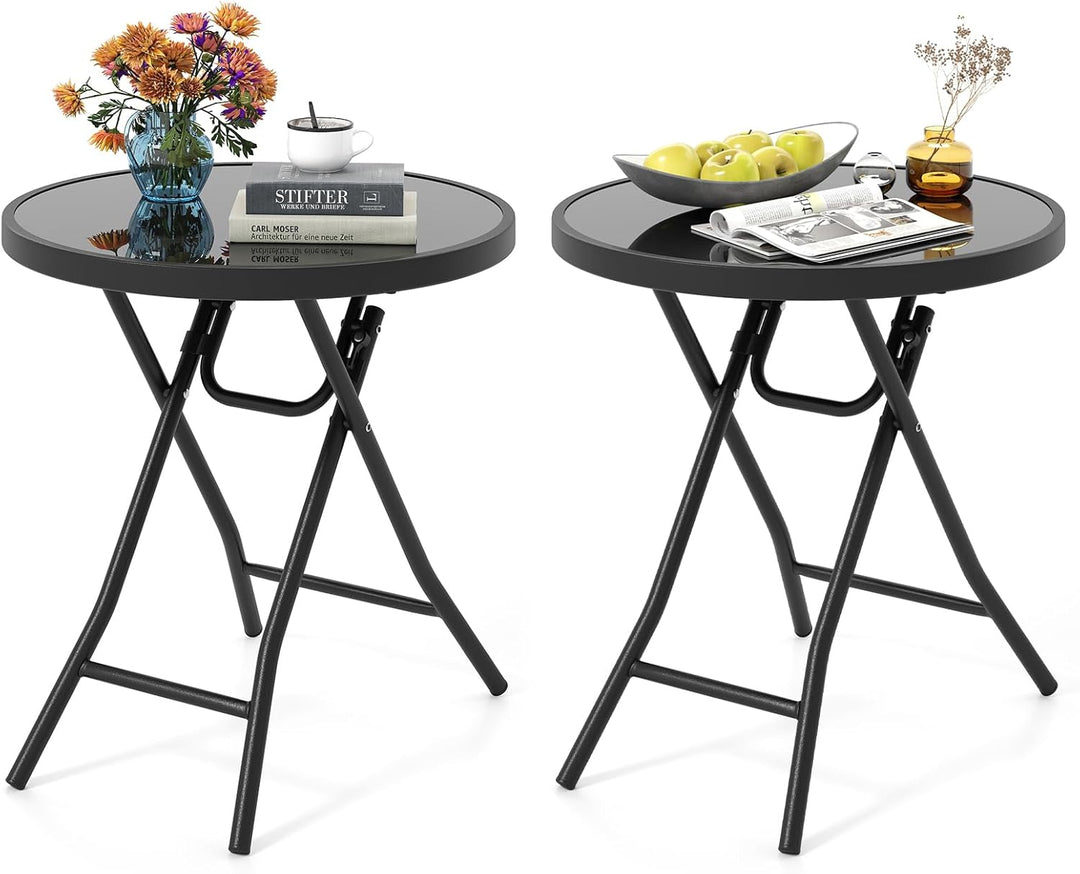 Giantex Folding Outdoor Side Table - 18” Round End Table with Tempered Glass Tabletop &amp; Metal Frame