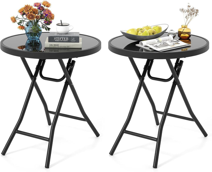 Giantex Folding Outdoor Side Table - 18” Round End Table with Tempered Glass Tabletop &amp; Metal Frame