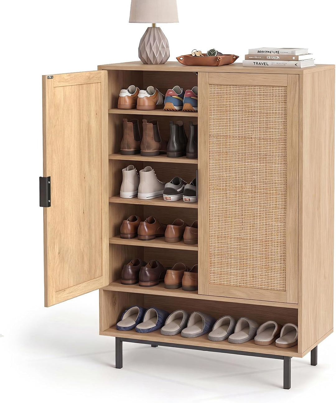 Giantex 6-Tier Shoe Cabinet, 43" Tall Hidden Shoe Storage w/Doors | Freestanding Wooden Shoe Storage Cabinet with Adjustable Shelves &amp; Open Compartment for Hallway Entryway Living Room &amp; Closet