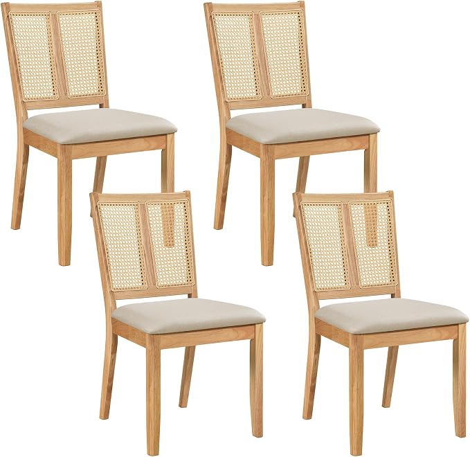 GIANTEX Rattan Dining Chairs Farmhouse Upholstered Kitchen Chairs | Boho Dining Room Chair w/Curved Backrest &amp; Padded Seat