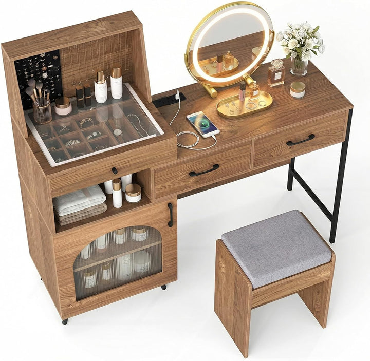 CHARMAID Vanity Desk with Charging Station, Jewelry Organizer (Walnut) | 53.5&