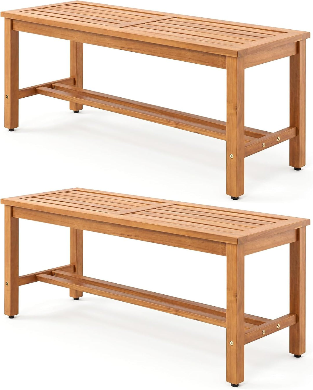 Giantex Outdoor Wooden Bench 2-Person Patio Bench w/Slatted Seat | Acacia Wood Garden Bench with Adjustable Foot Pads for Porch