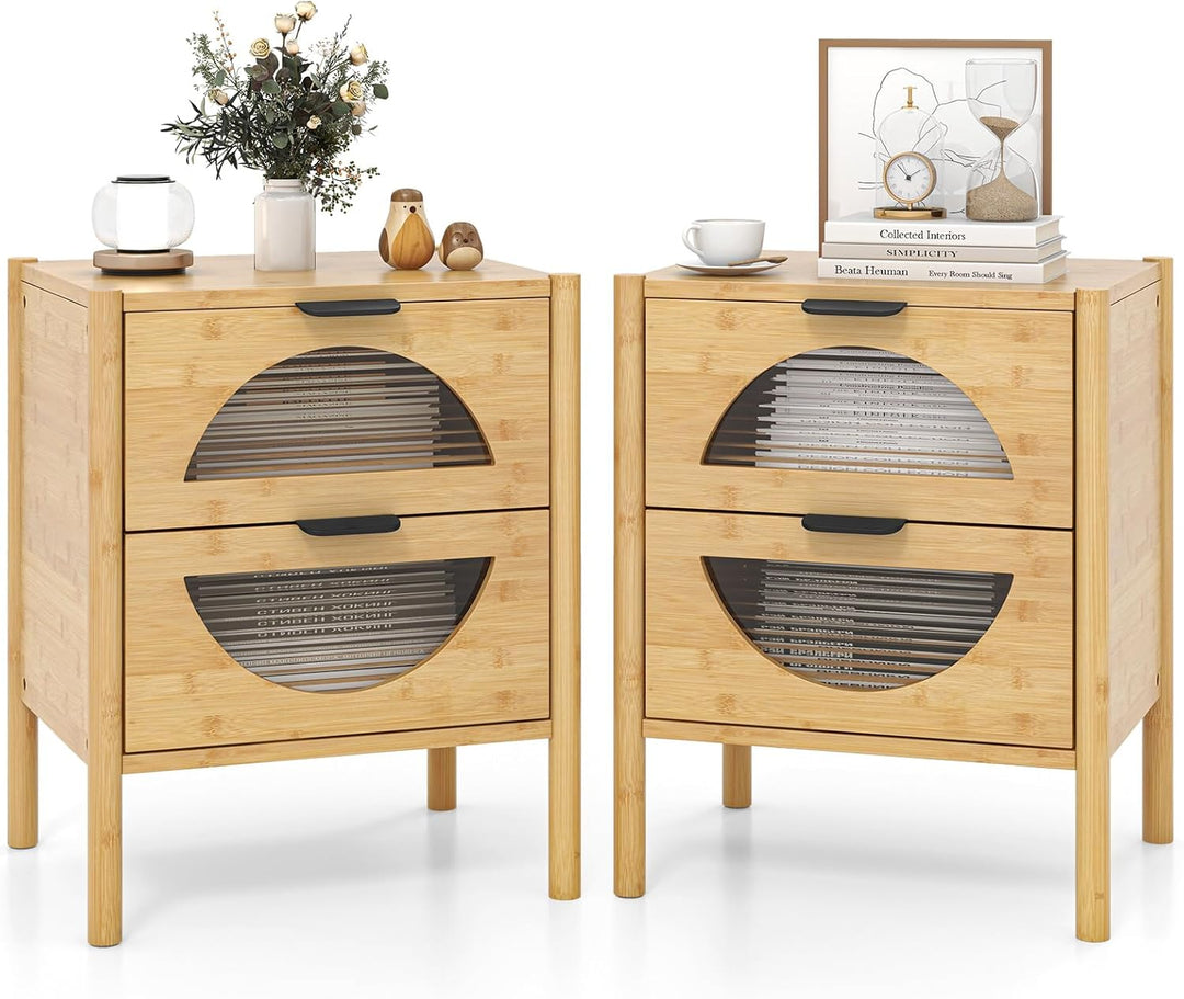Giantex Bamboo Nightstand, Mid-Century Modern Bedside Table with 2 Storage Drawers &amp; Tempered Glass