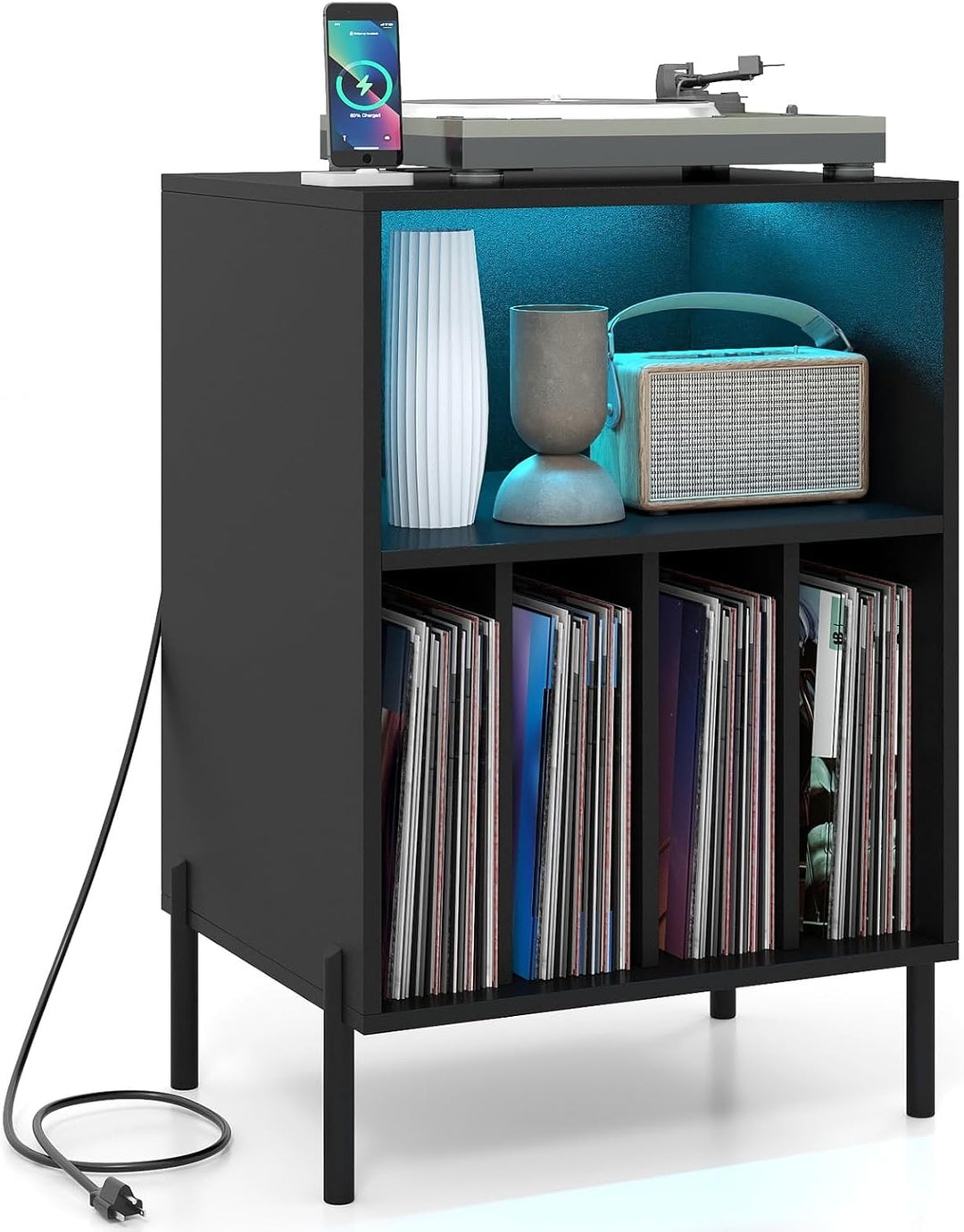 Giantex Record Player Stand with LED Lights &amp; Charging Station