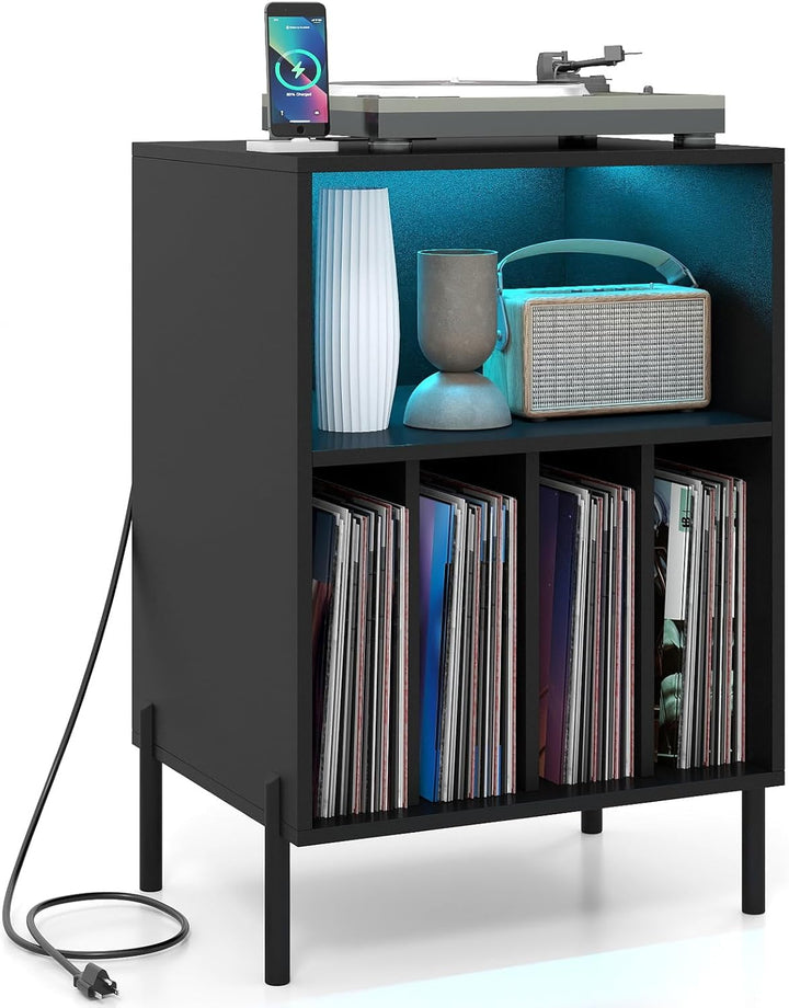 Giantex Record Player Stand with LED Lights &amp; Charging Station