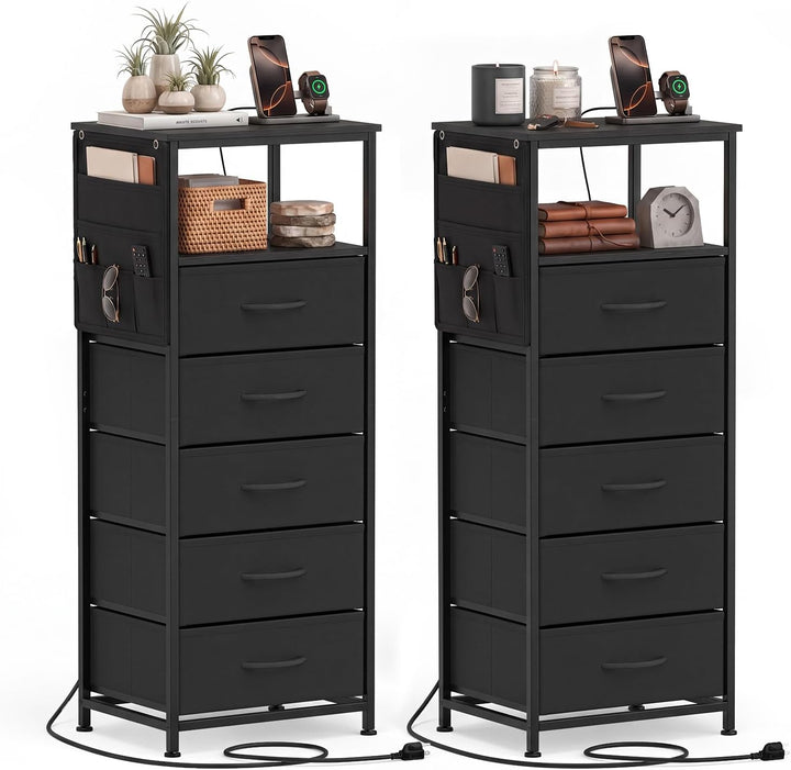 GIANTEX Modern 39" Bedside Table with Integrated Charging Station &amp; 5 Fabric Drawers (1/2)