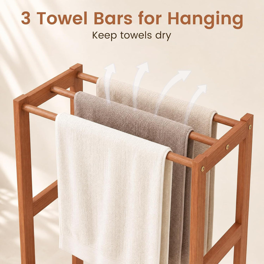GIANTEX 3-Bar Wood Towel Rack Freestanding with Bottom Storage Shelf | Wooden Towel Drying Stand