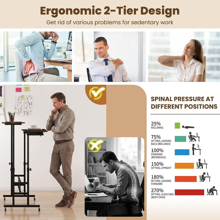 GIANTEX Mobile Standing Desk, Adjustable Rolling Computer Desk (Brown) | Tilting Desktop &amp; Storage Shelves
