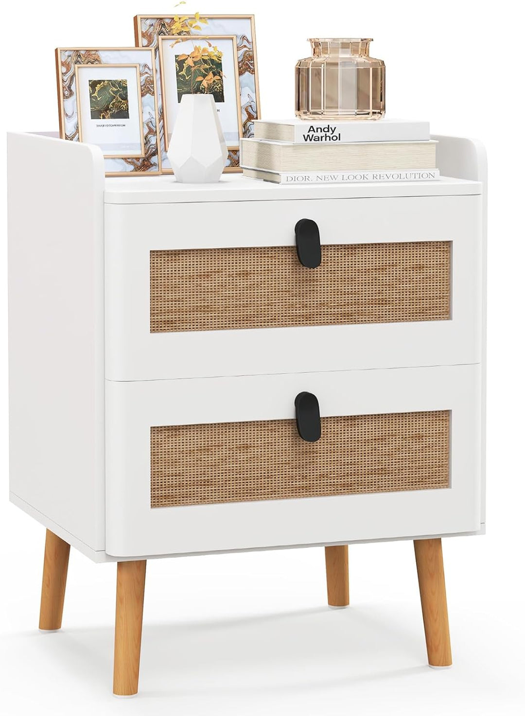 Giantex Rattan Nightstand, Boho 2/3-Drawer Dresser with 4 Solid Wood Legs