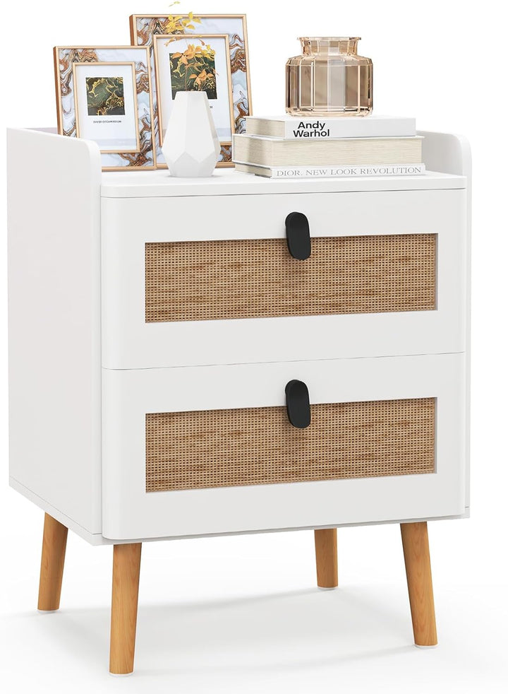 Giantex Rattan Nightstand, Boho 2/3-Drawer Dresser with 4 Solid Wood Legs