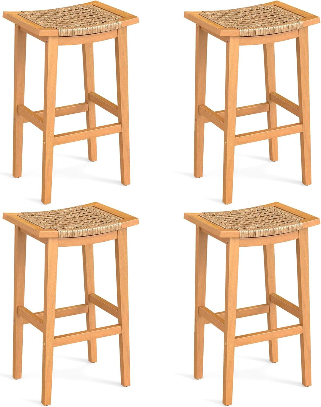 Giantex Outdoor Wooden 29" Bar Stools Set of 2/4 Backless Patio Barstools with PE Rattan Saddle Seat &amp; Footrest