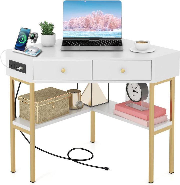 Giantex Corner Desk with Charging Station, 90 Degree Triangle Computer Desk with 2 Drawers &amp; Storage Shelf