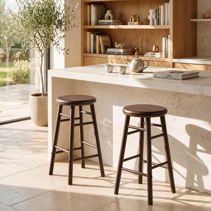GIANTEX 24 Inch Swivel Bar Stools Set of 2, Rubber Wood, Walnut | Round Bar Chairs w/Backless Design