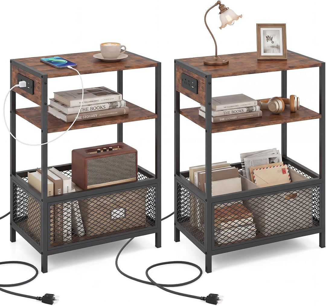 Giantex 3-Tier End Table w/Metal Mesh Compartment &amp; 2 AC Outlets (1/2)