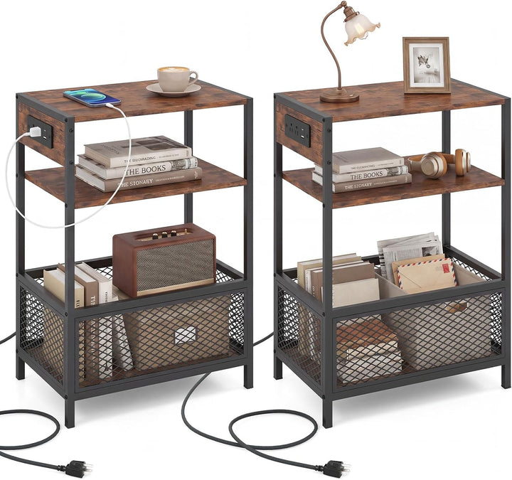 Giantex 3-Tier End Table w/Metal Mesh Compartment &amp; 2 AC Outlets (1/2)