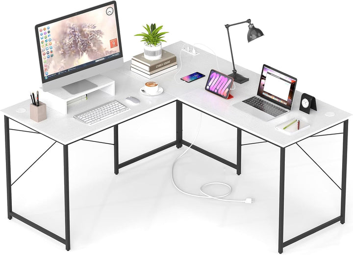 59 Inch Reversible Corner Desk with Power Outlet and USB Ports &amp; Monitor Stand