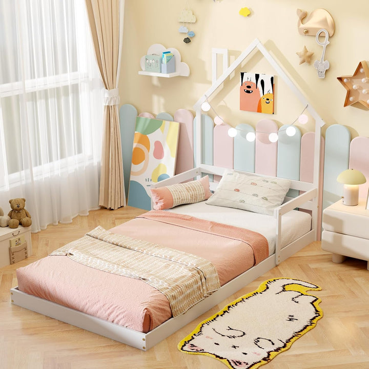 Giantex Twin Floor Bed for Kids, Wood Montessori Floor Bed with Chimney Headboard &amp; Handrail