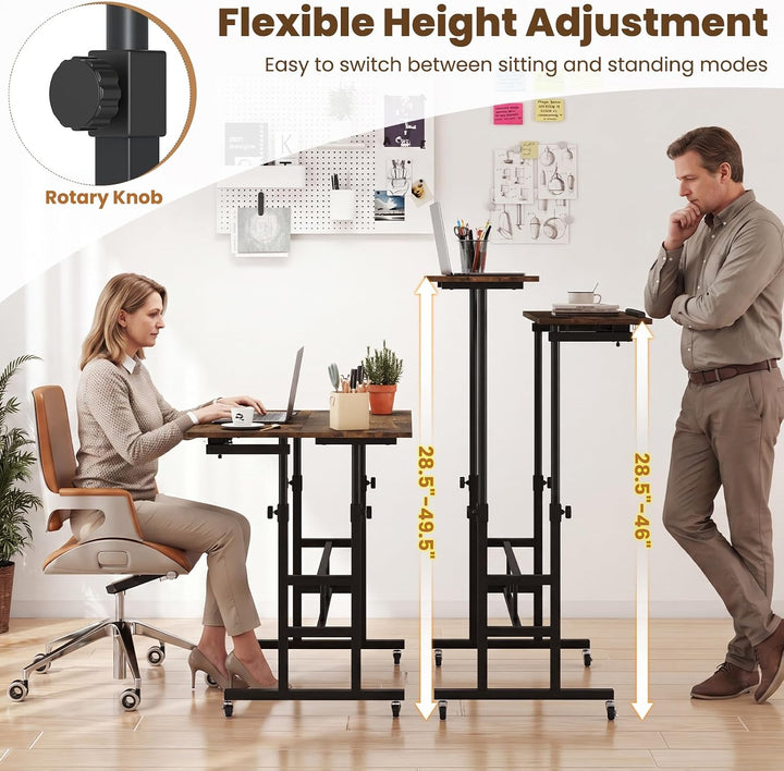 GIANTEX Mobile Standing Desk, Adjustable Rolling Computer Desk (Brown) | Tilting Desktop &amp; Storage Shelves